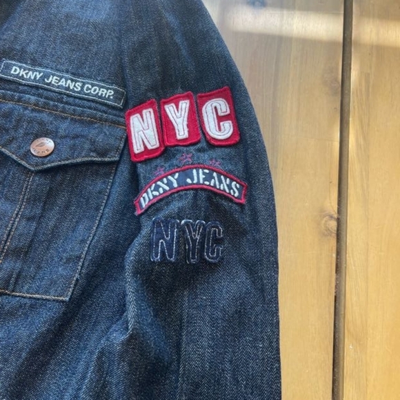 Dkny Y2k Blue Jean Patch Button Up Shacket Fitted Semi Crop Long Sleeve Xs - Picture 4 of 5